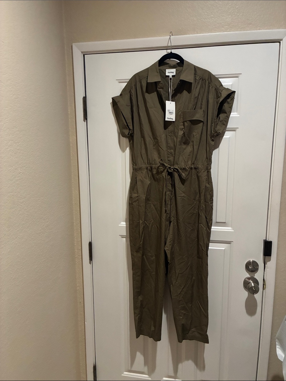 Darling Olive lightweight Utility Short-Sleeve Jumpsuit with Tie Waist